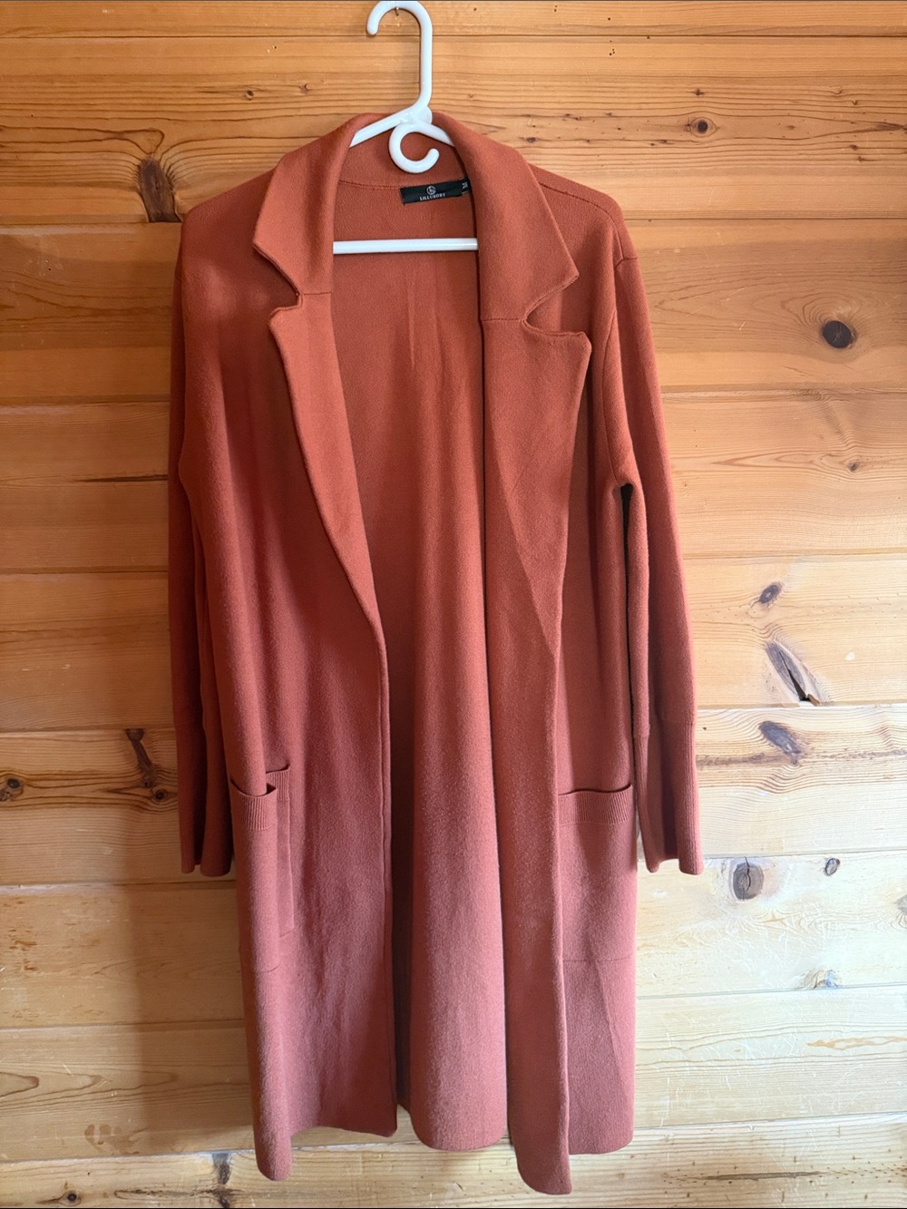 Lillusory long sweater cardigan with pockets, burnt orange, brown, medium